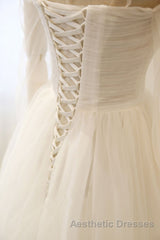 Long Sleeves White Tulle Evening Prom Wedding Dresses, Long Sleeves White Tulle Formal Evening Dresses