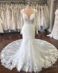 Long Sleevess V neck Mermaid White Long Train Wedding Dresses