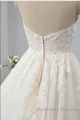 Long Sweetheart Backless Appliques Lace Tulle A-Line Wedding Dresses