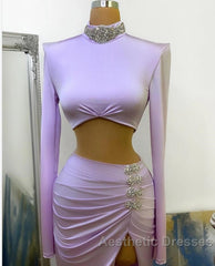 Long Two Piece Mermaid High Neck Split Evening Prom Dresses with Sleeves