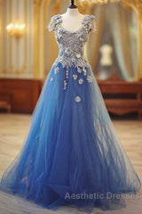 Long Unique Lace Applique Tulle Blue Evening Prom Dresses