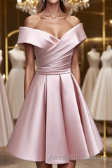 A-Line Satin Off the Shoulder Short Evening Prom Dresses, Mini Evening Prom Party Dresses