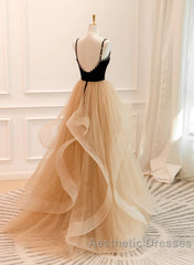 Lovely Champagne A-Line Beaded Strap Party Dresses, Tulle Layers Long Evening Prom Dresses