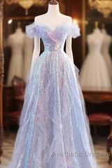 Lovely Off Shoulder A-Line Tulle And Sequins Evening Prom Dresses, Sweetheart Long Evening Dresses