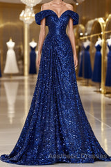 A-Line Evening Prom Gown Elegant Dresses Formal Wedding Guest Sweep / Brush Train Sleeveless Off Shoulder Sequined with Glitter Sequin Masquerade Dresses