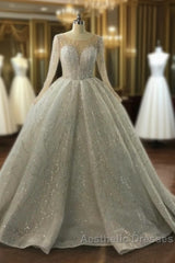 Luxurious Ball Gown Long Sleeves Crystal Beading Wedding Dresses A line Classic