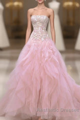 Luxurious Ball Gown Strapless Pink Tulle Long Evening Prom Dresses