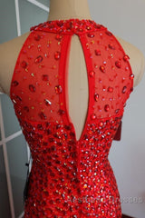Luxurious Crystal Beaded Halter Mermaid Evening Dresses Leg Split Evening Prom Gowns