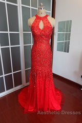 Luxurious Crystal Beaded Halter Mermaid Evening Dresses Leg Split Evening Prom Gowns