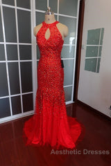 Luxurious Crystal Beaded Halter Mermaid Evening Dresses Leg Split Evening Prom Gowns