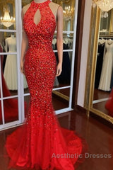 Luxurious Crystal Beaded Halter Mermaid Evening Dresses Leg Split Evening Prom Gowns
