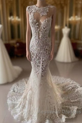 Luxurious Mermaid Lace Appliques Wedding Dresses Sheer Skirt