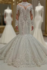 Luxurious Sparkle Beaded High neck Fit and Flare Mermaid Wedding Dresses