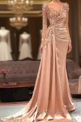 Luxury Evening Dresses Mermaid Long Sleeves Appliques Beaded Long Turkey Dubai Saudi Arabic Evening Gown Evening Prom Dresses