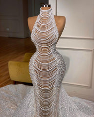 Luxury Long Mermaid Halter Beading Sleeveless Wedding Dresses With Pearls