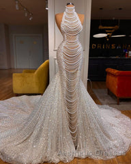 Luxury Long Mermaid Halter Beading Sleeveless Wedding Dresses With Pearls