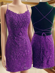 Mermaid Backless Purple Lace Evening Prom Dresses, Mermaid Purple Homecoming Dresses, Short Purple Lace Formal Evening Dresses