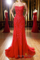 Mermaid Backless Red Lace Long Evening Prom Dresses, Mermaid Red Formal Dresses, Red Lace Evening Dresses