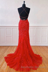 Mermaid Backless Red Lace Long Evening Prom Dresses, Mermaid Red Formal Dresses, Red Lace Evening Dresses