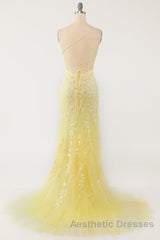 Mermaid Backless Yellow Lace Long Evening Prom Dresses, Mermaid Yellow Formal Dresses, Yellow Lace Evening Dresses