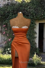 Mermaid Beaded Sweetheart Slit Satin Dresses