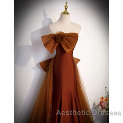 Mermaid Brown Tulle Satin Strapless Long Party Dresses Formal Dresses Evening Prom Dresses