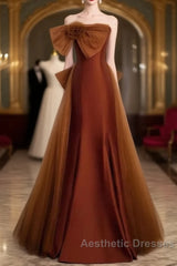 Mermaid Brown Tulle Satin Strapless Long Party Dresses Formal Dresses Evening Prom Dresses With Bow(S)