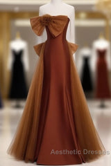 Mermaid Brown Tulle Satin Strapless Long Party Dresses Formal Dresses Evening Prom Dresses