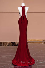 Mermaid Halter Burgundy Long Evening Prom Dresses