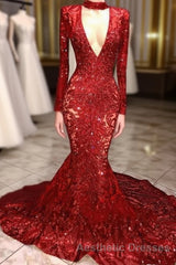 Mermaid High Neck Long Sleeves Evening Prom Dresses