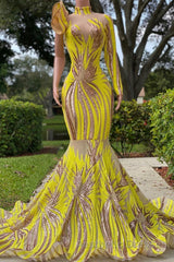 Mermaid High Neck One Shoulder Sequined Floor-length Long Sleeve Lace Evening Prom Dresses