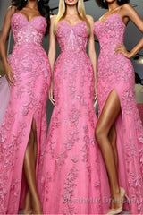 Mermaid Hot Pink Lace Long Evening Prom Dresses, Long Hot Pink Formal Graduation Evening Dresses