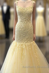 Mermaid Long Evening Prom Dresses, Yellow Lace Evening Prom Dresses, Modest Evening Party Dresses