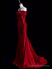 Mermaid Off The Shoulder Burgundy Long Satin Prom Dresses Elegant