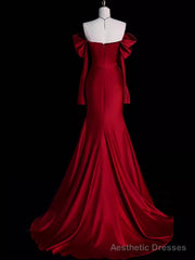 Mermaid Off The Shoulder Burgundy Long Satin Prom Dresses Elegant
