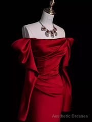 Mermaid Off The Shoulder Burgundy Long Satin Prom Dresses Elegant