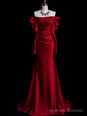 Mermaid Off The Shoulder Burgundy Long Satin Prom Dresses Elegant