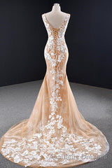Mermaid Open Back Champagne Lace Long Evening Prom Dresses, Champagne Lace Formal Dresses, Champagne Evening Dresses