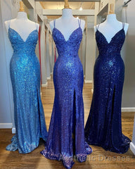 Mermaid Purple Sequins Long Evening Prom Dresses with Slit,Navy Blue Evening Prom Party Gowns