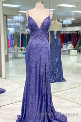 Mermaid Purple Sequins Long Evening Prom Dresses with Slit,Navy Blue Evening Prom Party Gowns