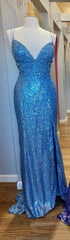 Mermaid Purple Sequins Long Evening Prom Dresses with Slit,Navy Blue Evening Prom Party Gowns