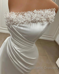 Mermaid Satin Wedding Dresses Long Strapless Dresses With Pearls