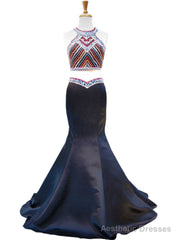 Mermaid Scoop Beaded Backless Black Two Piece Prom Dress