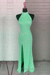Mermaid Sequin Halter Slit Dresses