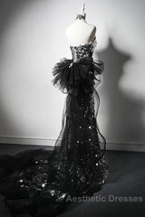 Mermaid Sequin Tulle Black Long Evening Prom Dresses, Black Long Formal Dresses