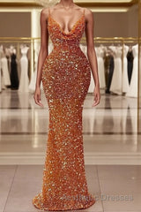 Mermaid Spaghetti strap Sequined Floor-length Sleeveless Elegant Evening Prom Dresses