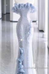 Mermaid Strapless Blue Sequin Evening Prom Dresses Evening Dresses