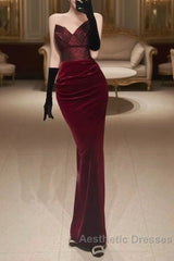Mermaid Strapless Burgundy Long Lace Evening Prom Dresses