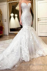 Mermaid Sweetheart Long Train Tulle Crochet Flower Wedding Dresses