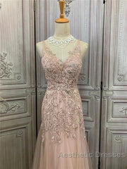 Mermaid / Trumpet Evening Prom Dresses Maxi Dresses Party Wear Sweep / Brush Train Sleeveless V Neck Tulle With Appliques
